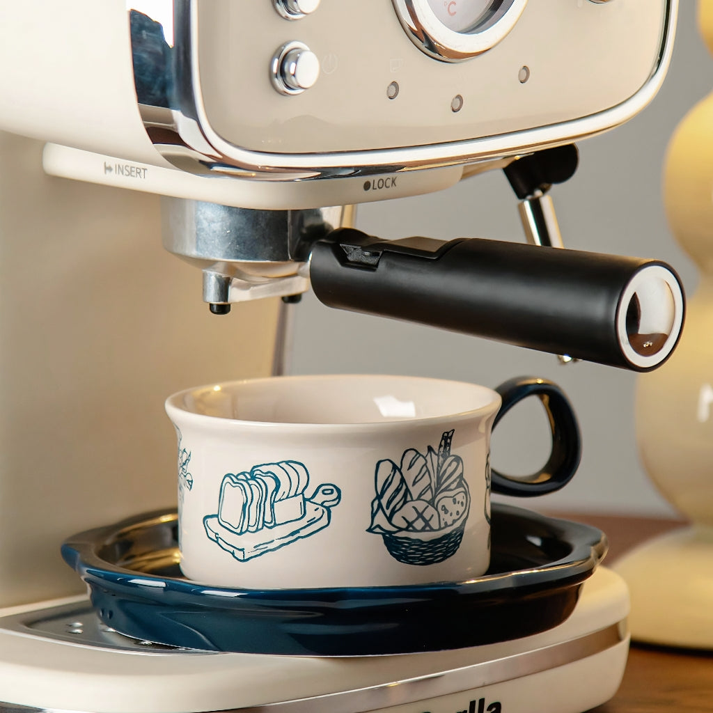 Durable stoneware mug with European bread artwork, ideal for coffee lovers and cozy kitchens. Decorative ceramic cup with bakery sketch design, great for slow mornings or gifting.