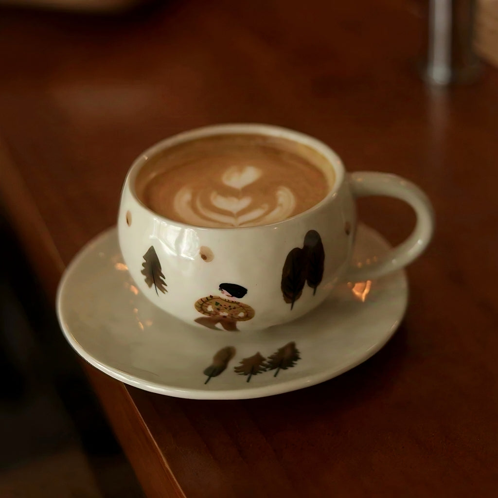 A cute and stylish ceramic mug with a matching saucer, painted with sweet and whimsical forest illustrations. The round handle and speckled glaze enhance the rustic artisan feel, making it an adorable cartoon mug perfect for a soft Nordic interior or a cute gift for girls.