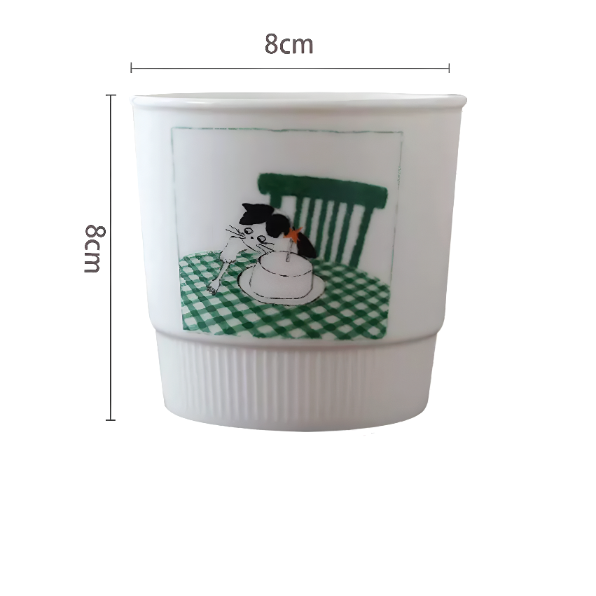 Handmade ceramic tea cup with an adorable cartoon cat indulging in dessert. Made from underglaze ceramic, it's microwave-safe and ideal for coffee, cocoa, or matcha latte in cozy home settings.