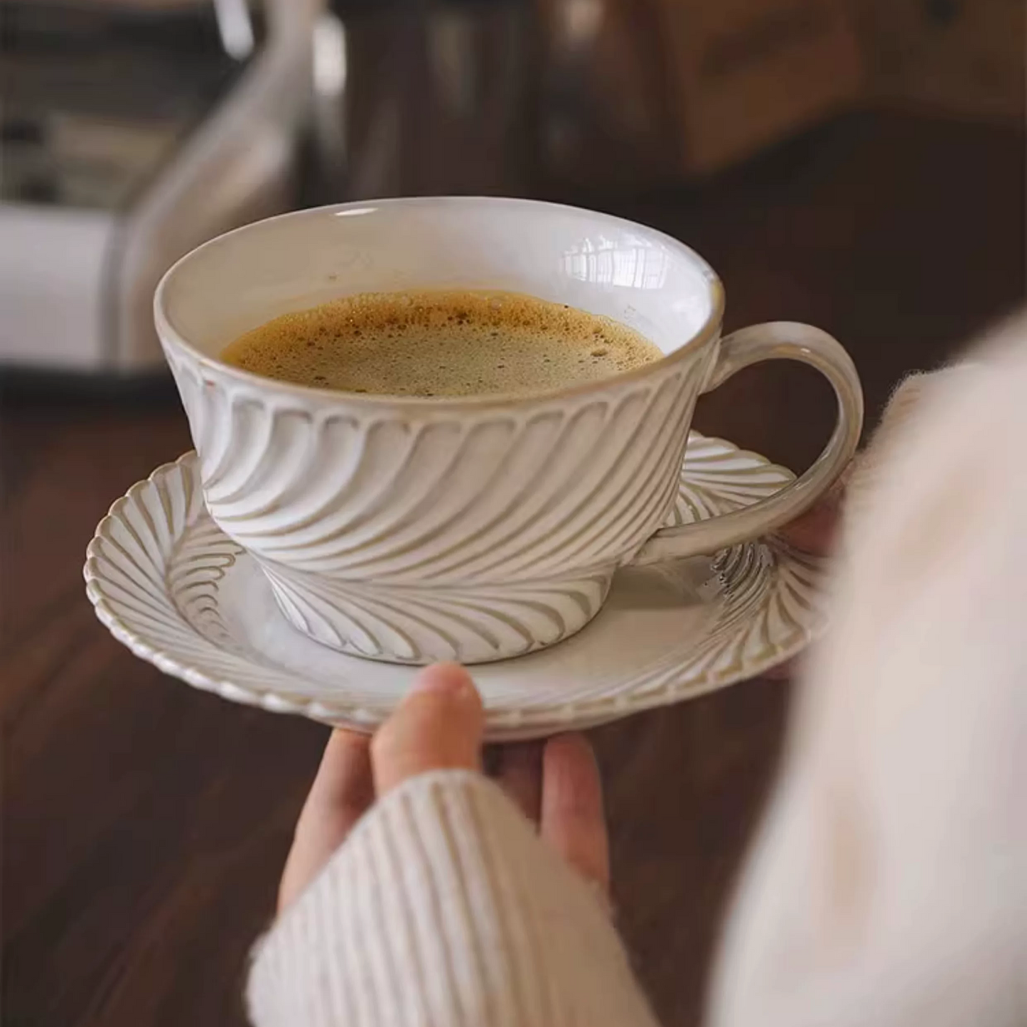 Retro aesthetic teacup with spiral design, cozy ivory glaze, and rustic ceramic charm. Gift idea for home lover, coffee lover, tea lover, Japandi lover.
