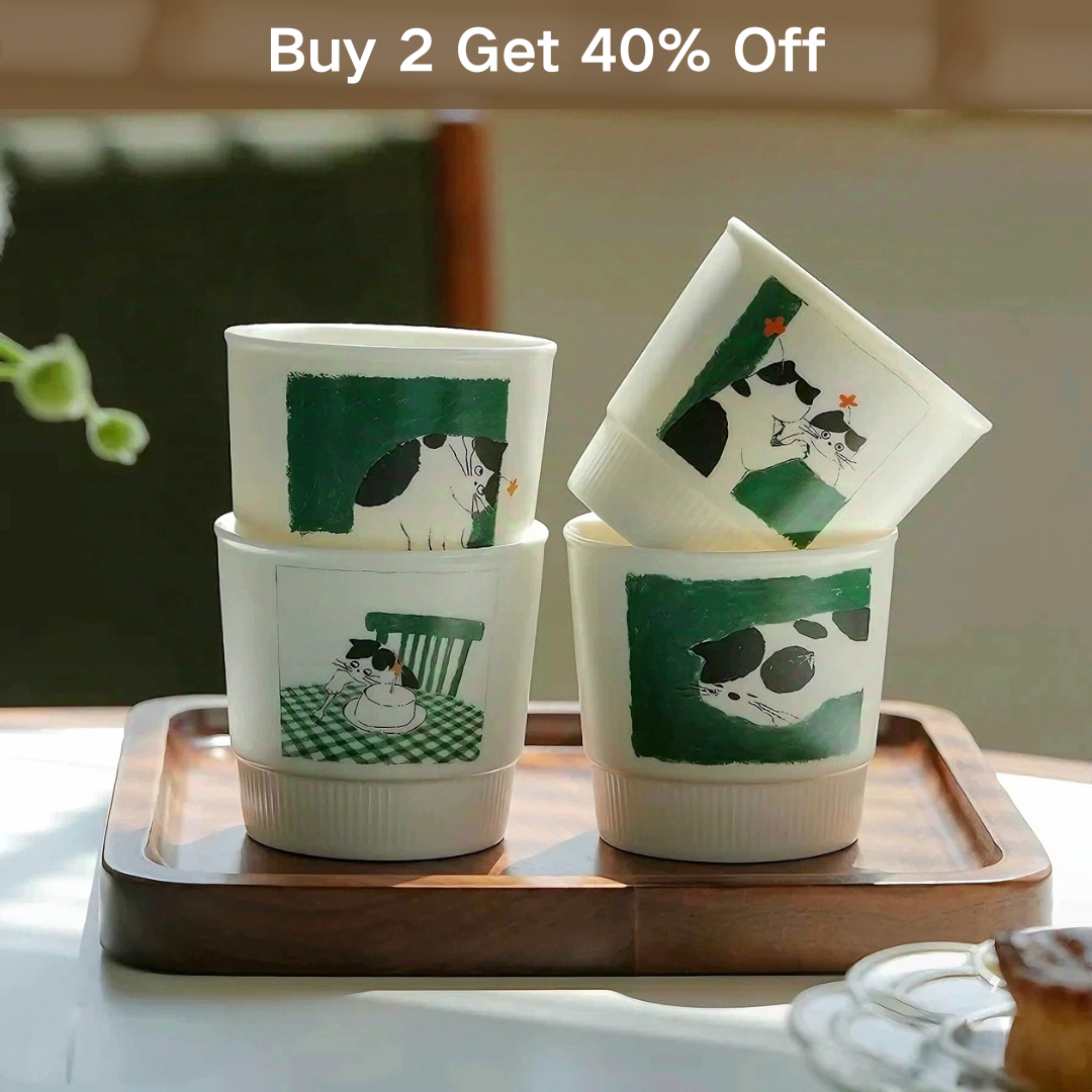 Charming illustrated mug with a whimsical cat illustration, perfect for Scandinavian drinkware collections. Durable ceramic makes it a microwave-safe, long-lasting, and thoughtful gift for cat lovers and tea lovers.