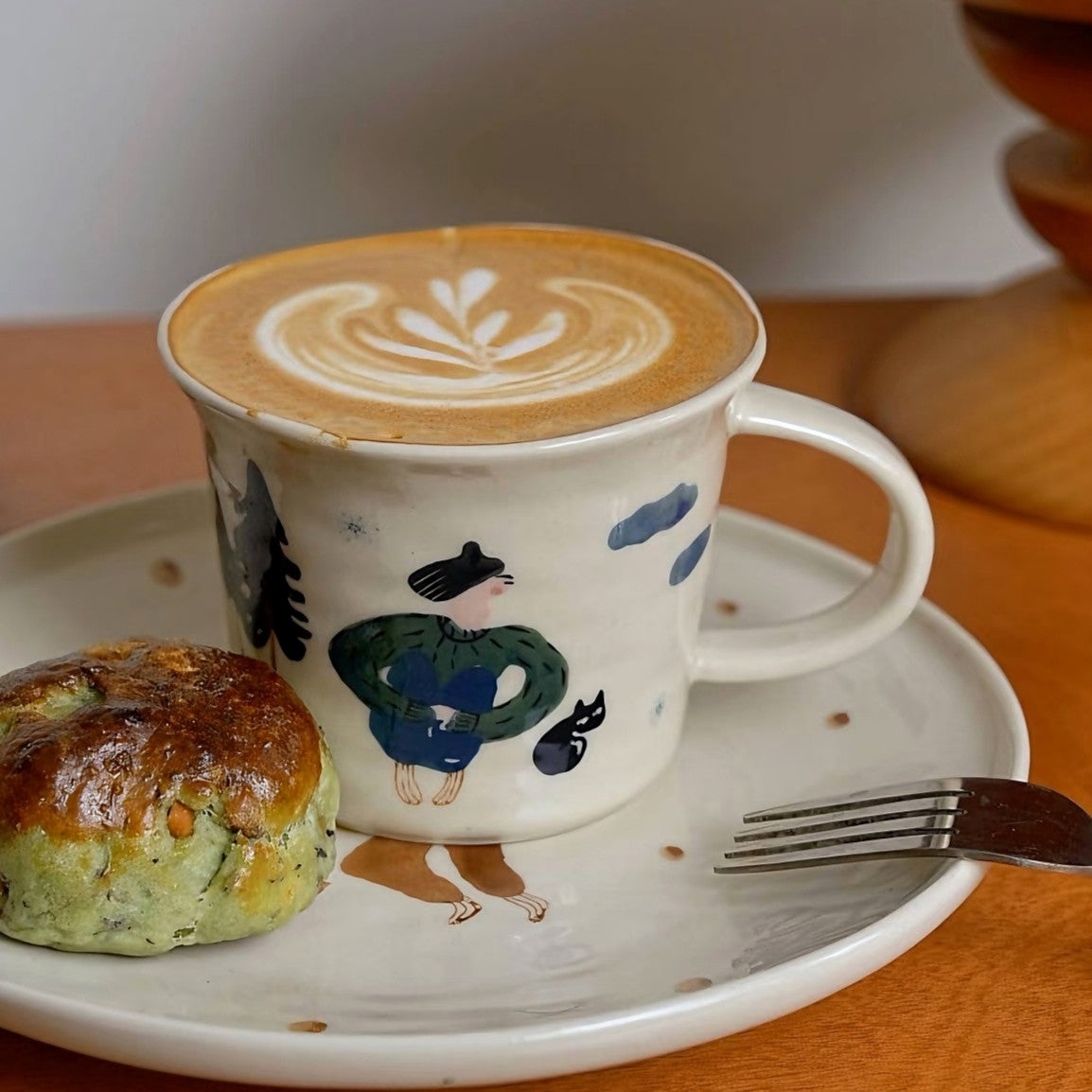 Unique artisan-style ceramic mug decorated with a charming forest motif, perfect for tea or coffee lovers. The soft earthy tones and childlike doodle design give this durable stoneware cup a sweet and whimsical vibe that suits Scandinavian and Zakka home interiors.