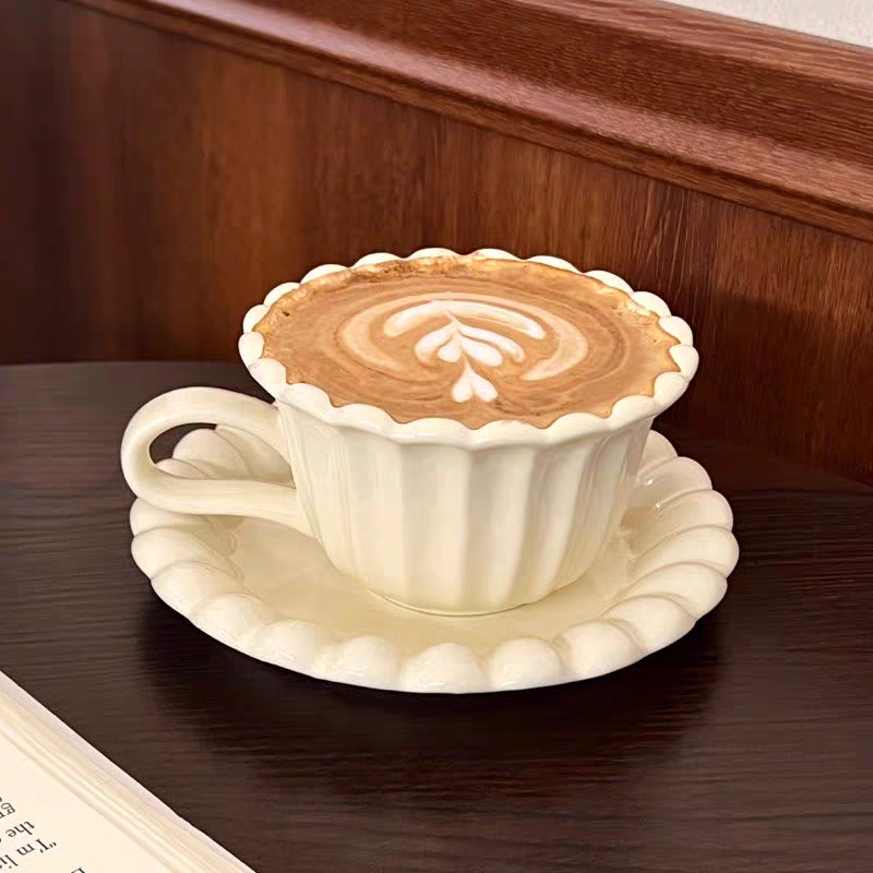 Floral Morandi Colour ceramic cup and plate set in cream white and light green, minimalist style for coffee and tea.