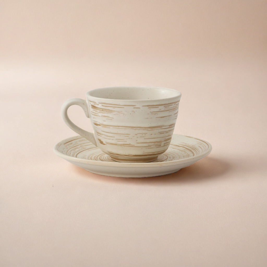 Rustic pottery mug with matte glaze and textured surface. Vinatge, Japandi and Nordic style.