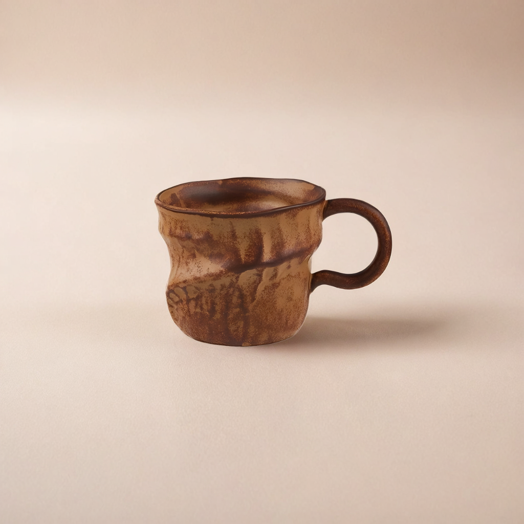 Handcrafted ceramic coffee mug with earthy brown tones, perfect for rustic and Wabi-Sabi interiors.