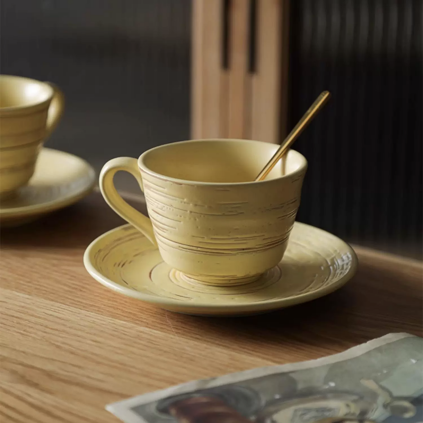 Rustic and aesthetic ceramic cup and saucer set, perfect for coffee or tea, ideal gift for Japandi, rustic, and Wabi-sabi home décor.