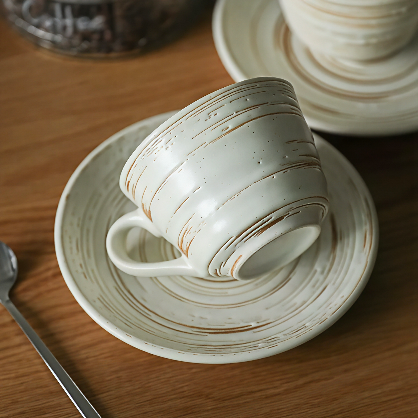 Earthy-toned latte mug with unique, handcrafted texture. Perfect for tea or coffee.