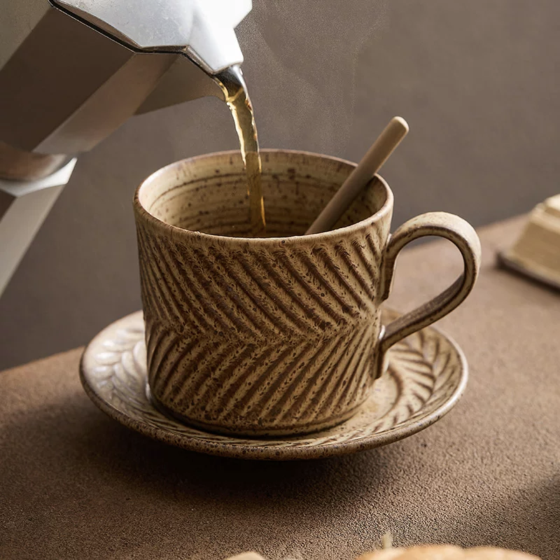 Diagonal grooves detail on a rustic ceramic coffee cup, emphasizing organic Japanese Wabi-Sabi design. Perfect for stylish interiors and makes a lovely gift for tea or coffee lovers.