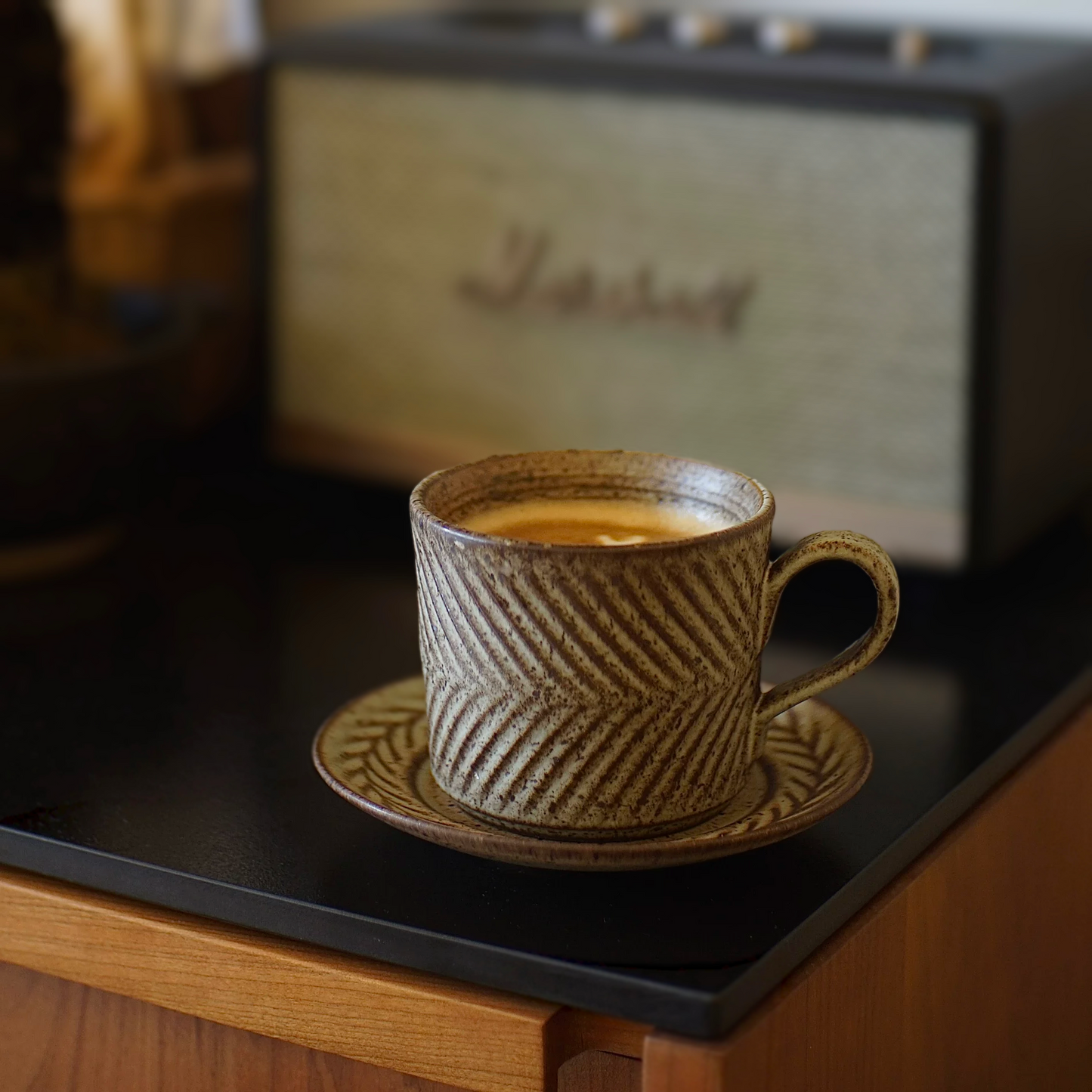 Artisan-style ceramic mug and saucer showcasing natural imperfections and a raw textured finish. Perfect for tea, coffee, latte, iced or hot drinks.