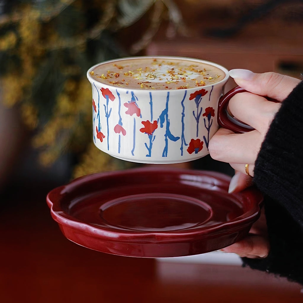 Artistic Forest-Inspired Ceramic Mug with Saucer - Wildflower Bloom