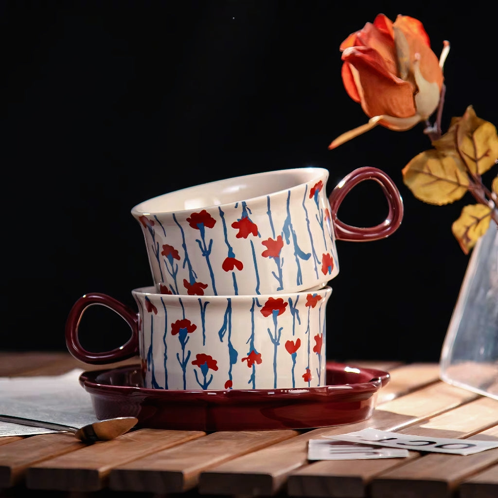 Artistic Forest-Inspired Ceramic Mug with Saucer - Wildflower Bloom