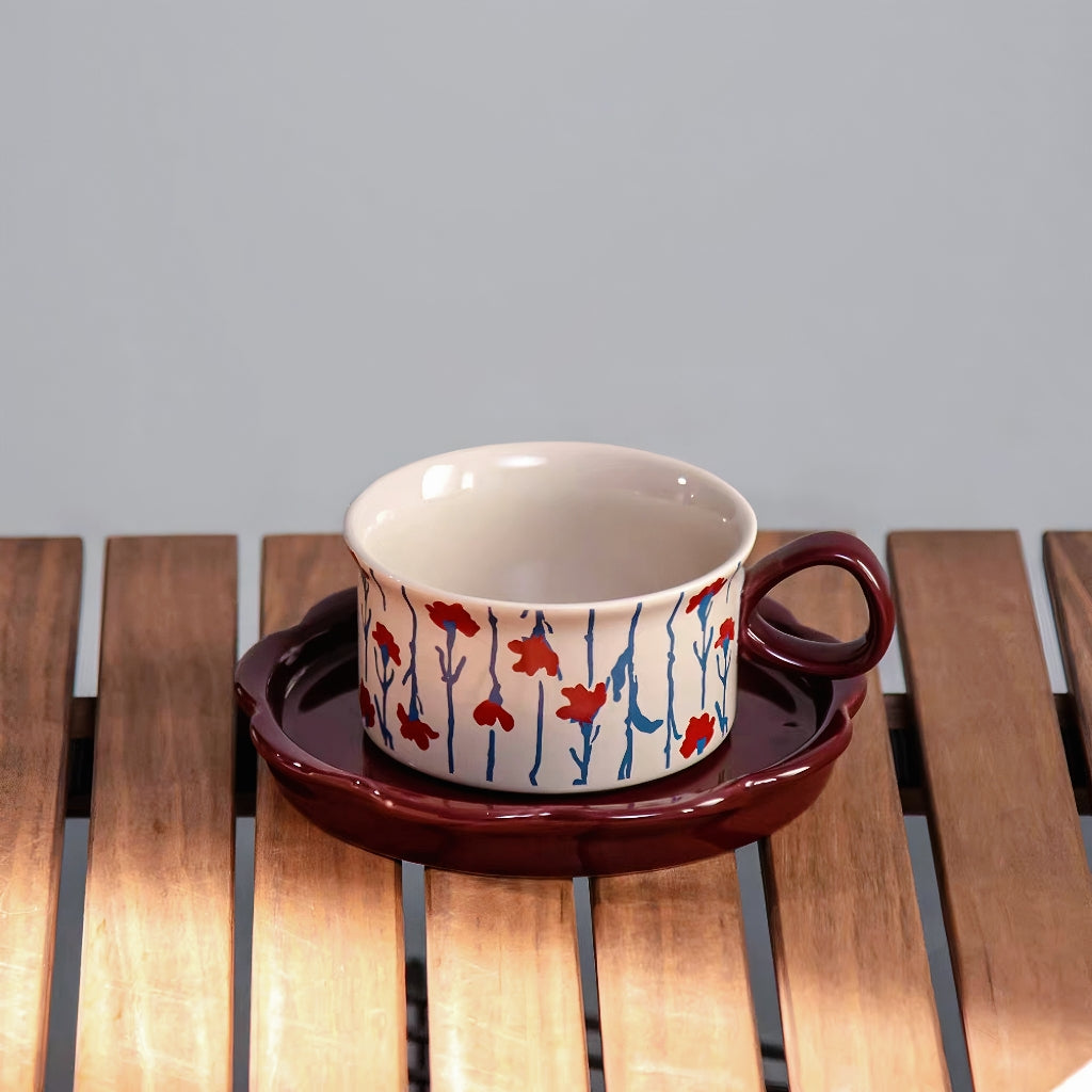 Artistic Forest-Inspired Ceramic Mug with Saucer - Wildflower Bloom