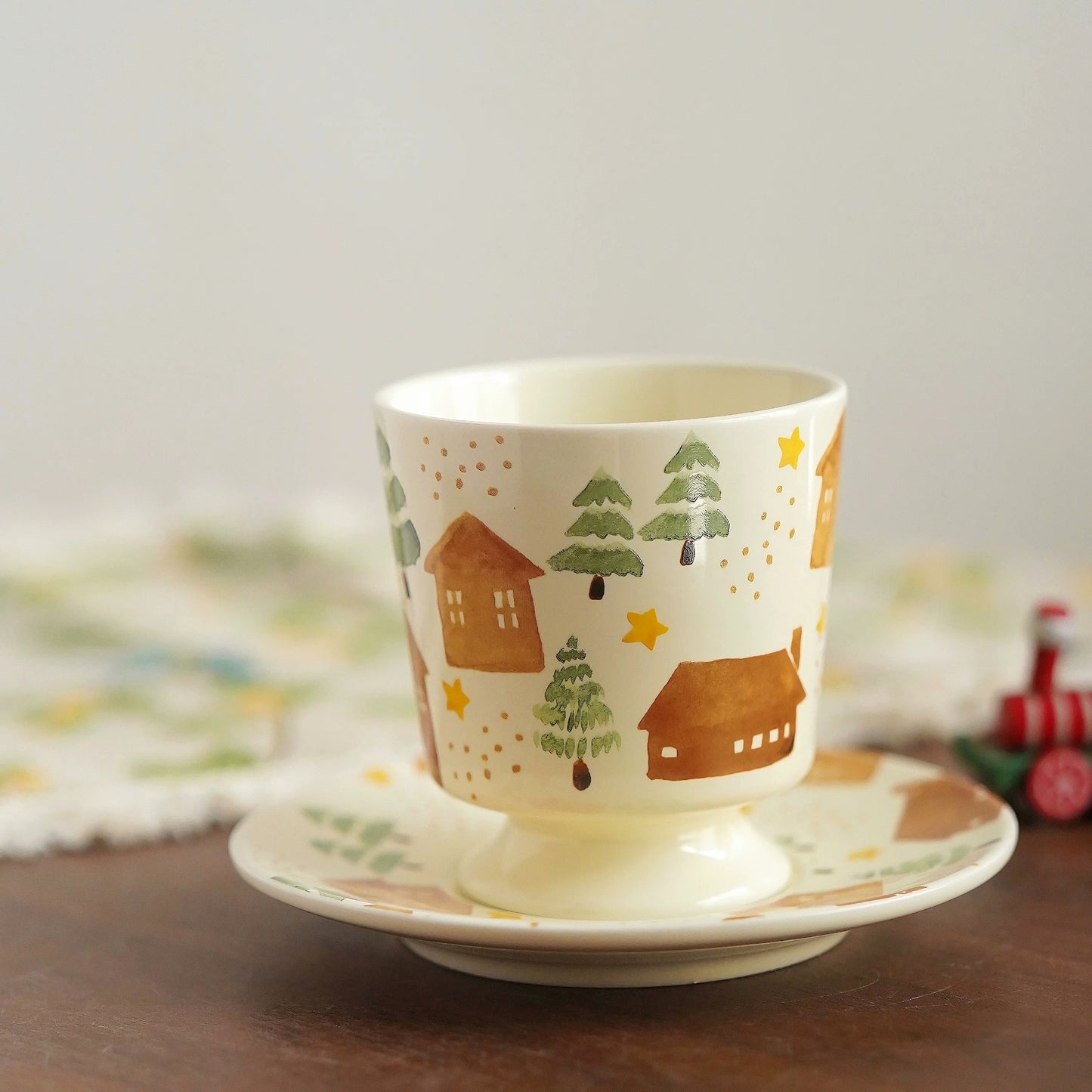 Fairytale-Inspired Artistic Ceramic Cup with Saucer - Whimsical Village