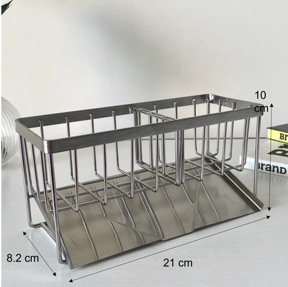 Efficient kitchen sink organizer, stainless steel rack with removable drip tray for easy cleaning.