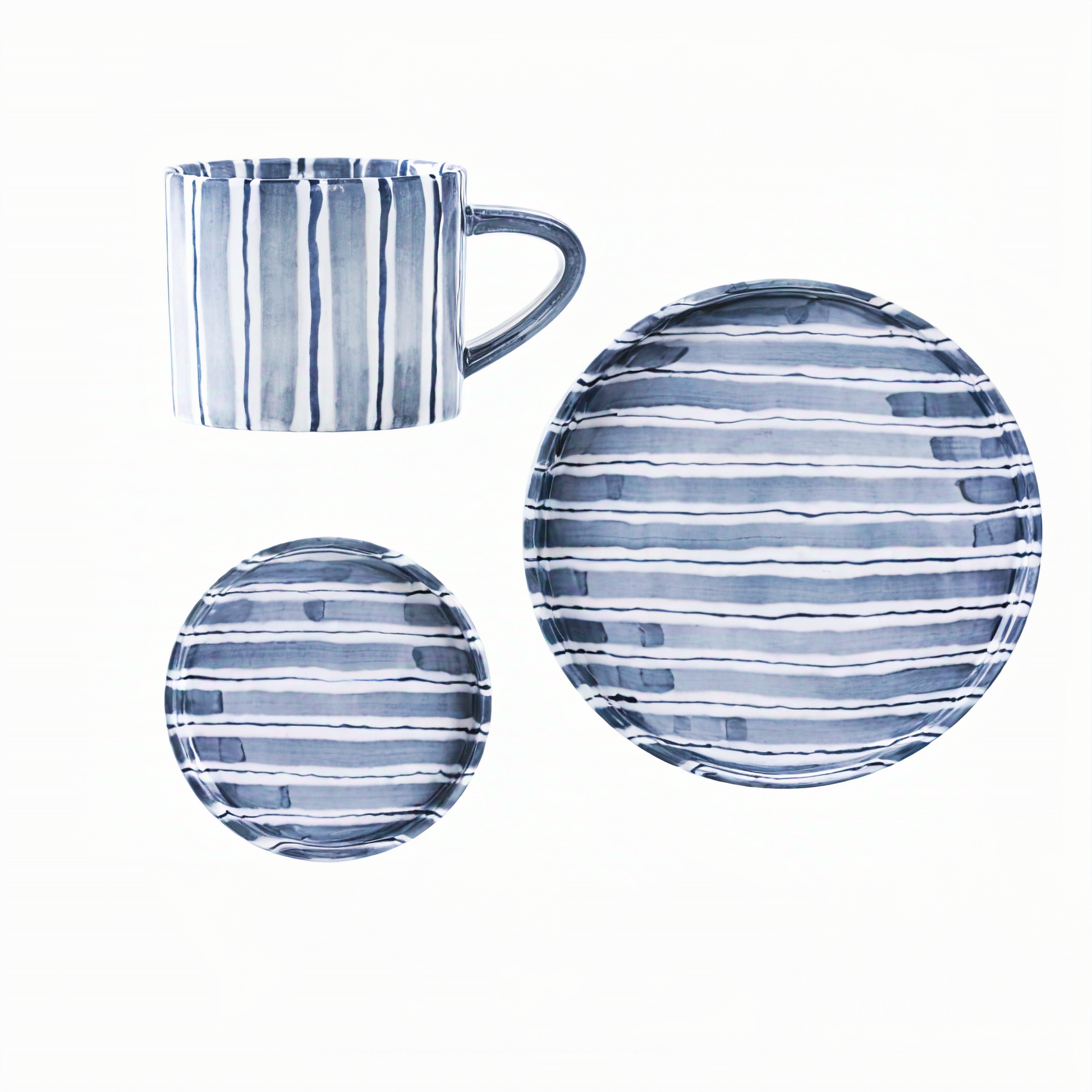 Complete set of a modern ceramic cup and two plates, featuring hand-painted cerulean blue stripes. This minimalist Scandinavian-inspired set is perfect for stylish, contemporary dining occasions.