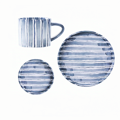 Complete set of a modern ceramic cup and two plates, featuring hand-painted cerulean blue stripes. This minimalist Scandinavian-inspired set is perfect for stylish, contemporary dining occasions.