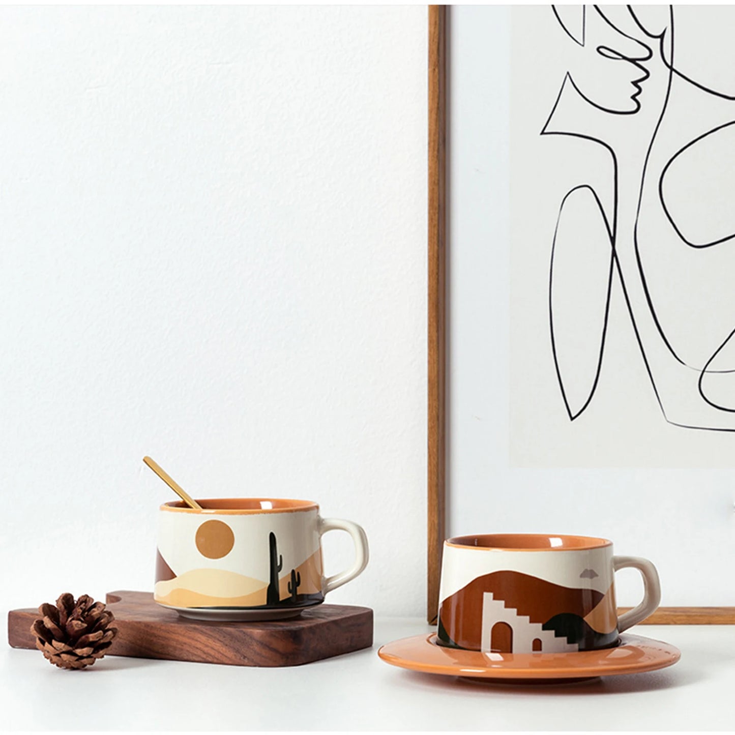 Two coffee cup and plate sets with distinct desert and oasis patterns, combining soft tones and premium ceramic for minimalist, Nordic, and contemporary homes.