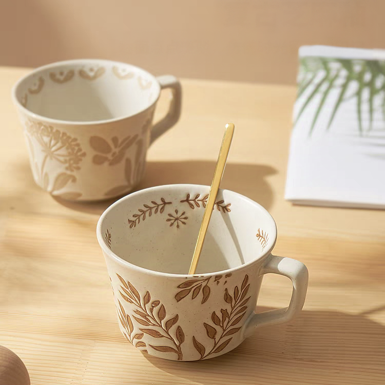 Ceramic mugs with textured finishes and diverse patterns, blending retro and modern aesthetics for a versatile décor style including Japandi, Scandinavia, cottage and minimalist styles.