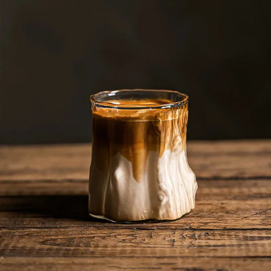 300ML Rippled Glass Cup with dirty coffee, featuring a durable, heat-resistant design, microwave and dishwasher safe.