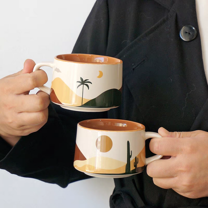 Desert and oasis design cups with plates, blending durable ceramic material and unique patterns for modern home décor, coffee rituals, or gifting.