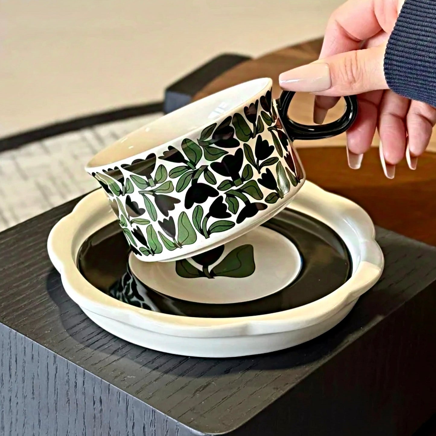 Aesthetic tea cup with botanical forest pattern, hand-glazed ceramic design, ideal for rustic and modern kitchens.