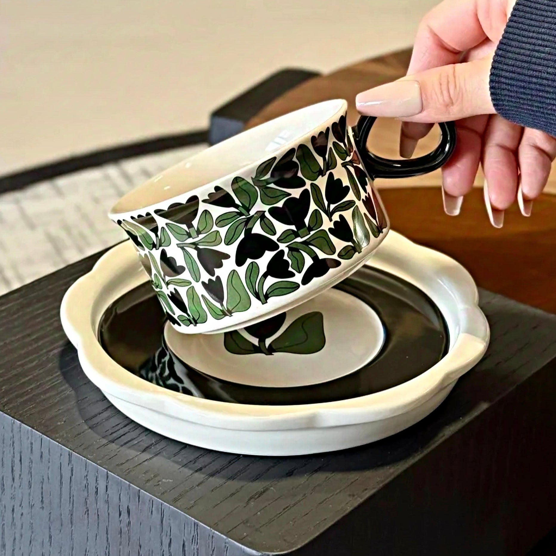 Aesthetic tea cup with botanical forest pattern, hand-glazed ceramic design, ideal for rustic and modern kitchens.