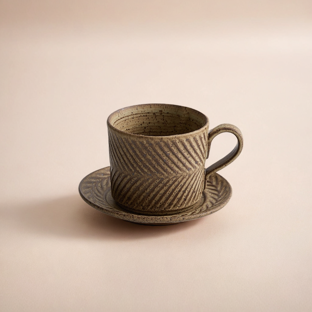 Stylish stoneware cup in earthy glaze tones, perfect for Nordic or neutral home aesthetics. Elevate your slow-living ritual with this artisan-style coffee cup and saucer set.