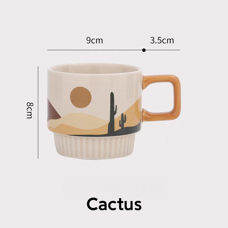 High-quality ceramic mug featuring a bold cactus design with intricate details, showcasing its 320ml size and smooth, glazed finish.