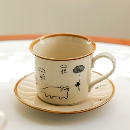 Beige grey coffee mug featuring a cute cat caught in the rain, ideal for tea or latte. Artistic coffee cup with whimsical illustration, perfect gift for cat lovers and cozy homes.
