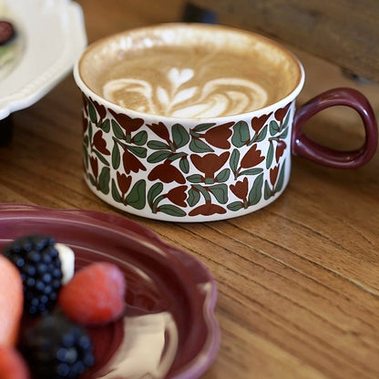 Aesthetic floral coffee cup with unique red tulip art and rustic ceramic finish.  a thoughtful gift for coffee or tea lovers in a cozy setting. Durable and long-lasting.