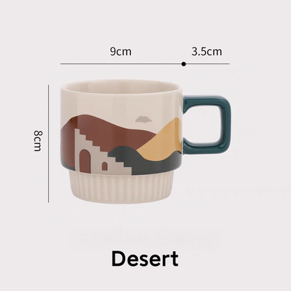 Premium ceramic mug with a detailed desert landscape print, emphasizing its artistic style and functional 320ml capacity for everyday use.