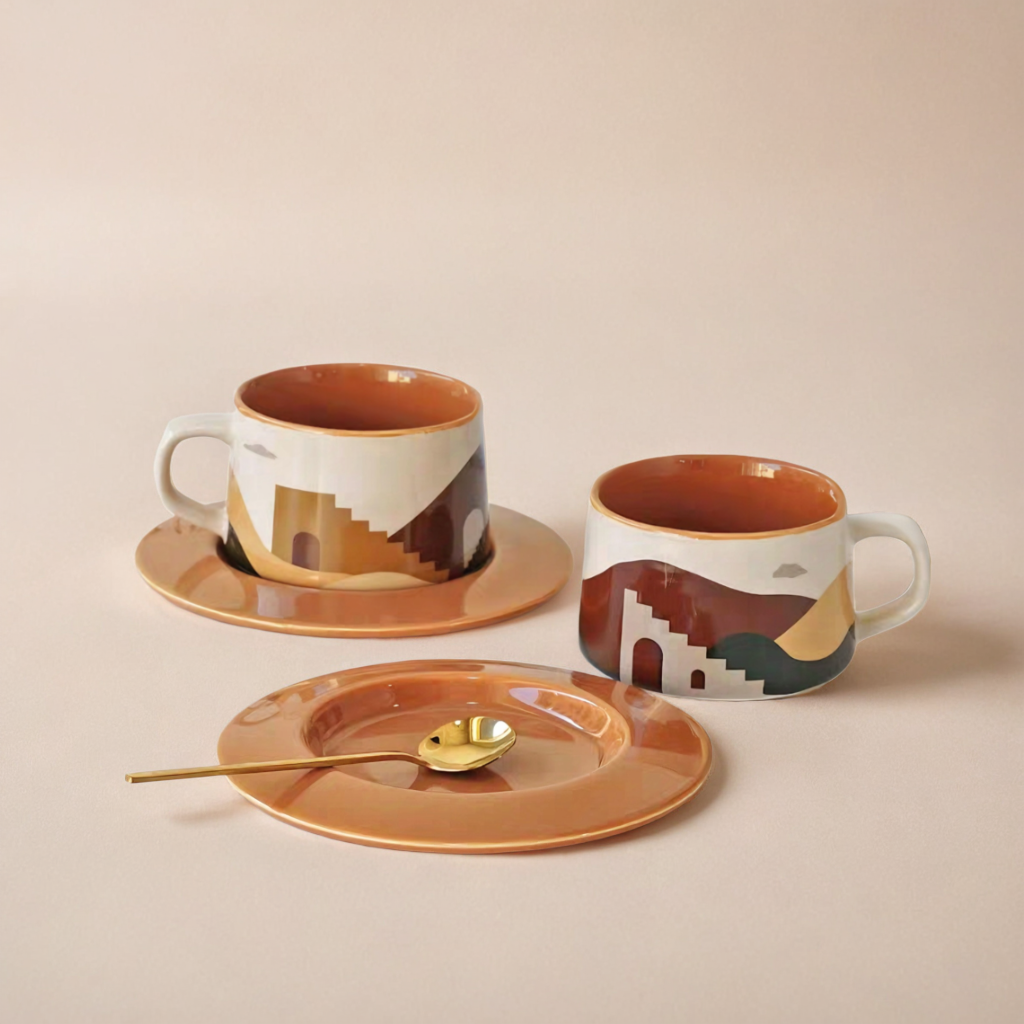  Two ceramic coffee cup and plate sets with desert and oasis designs, showcasing premium craftsmanship, modern aesthetic, and 250 ml capacity for coffee or tea.