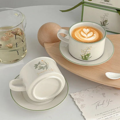 Daisy and Lily of the Valley variants in neutral tones, ideal for coffee lovers with a matching plate for added elegance.