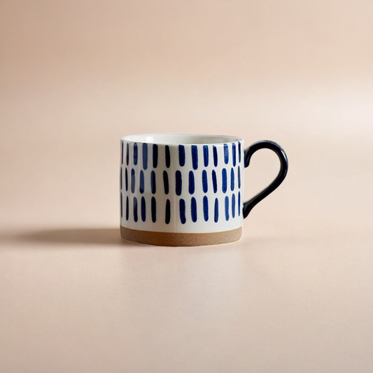 Hand-painted ceramic cups with abstract blue pattern and 450ml capacity, perfect for coffee, tea, and beverages in minimalist and Scandinavian interiors.