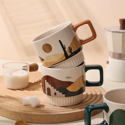 High-quality ceramic mug with a serene oasis-inspired pattern, designed in soft morandi tones to complement minimalist and Nordic interiors.