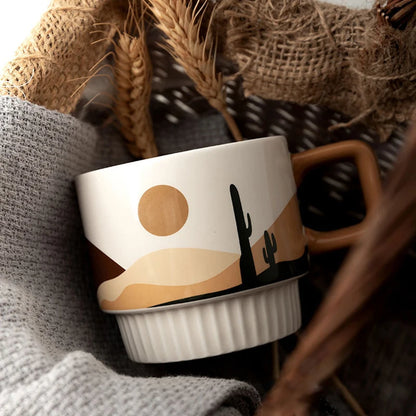  High-quality ceramic mug with a serene desert-inspired pattern, designed in soft Morandi tones to complement minimalist and Nordic interiors.