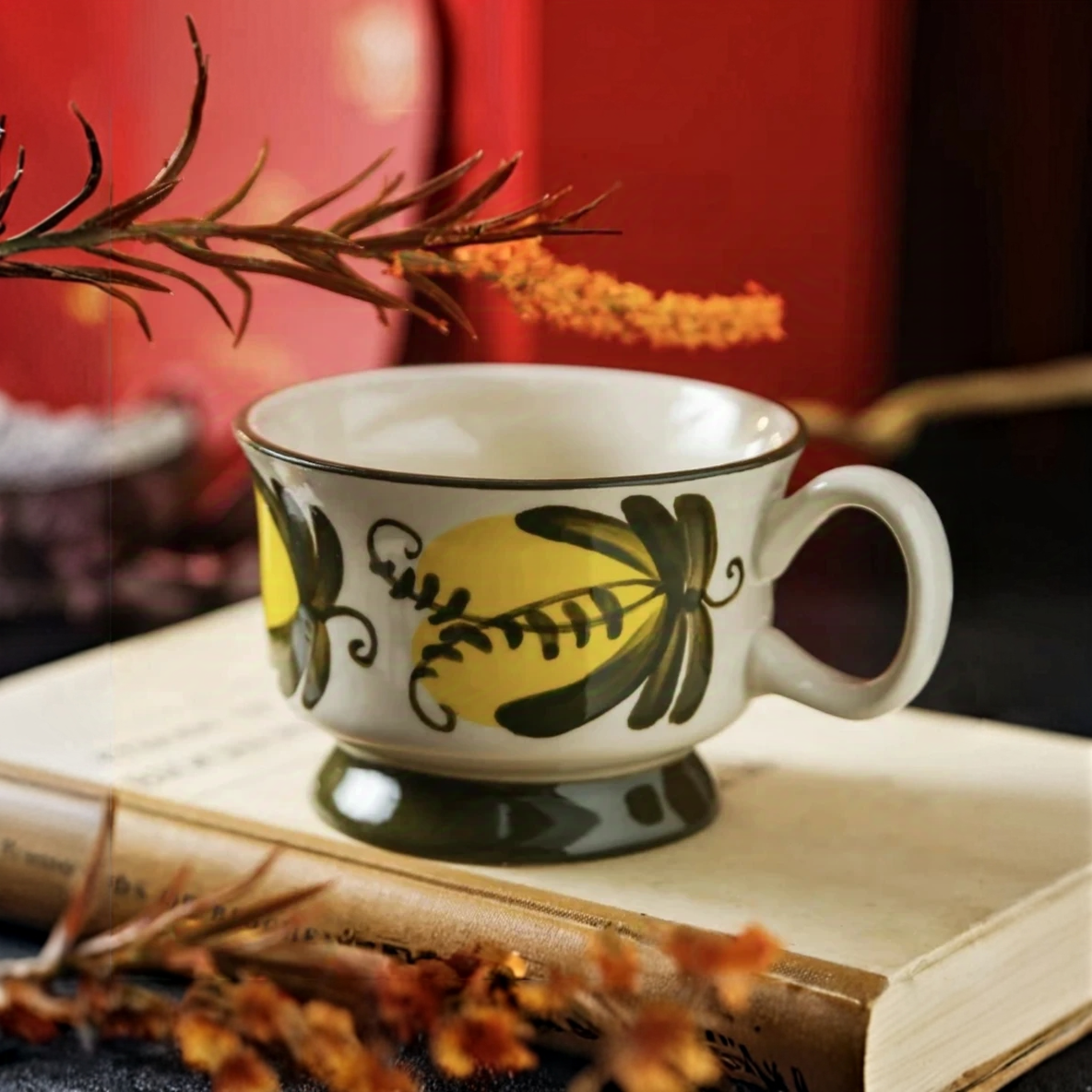 Scandinavian inspired ceramic cup placed on a wooden table, blending natural aesthetics and functionality.