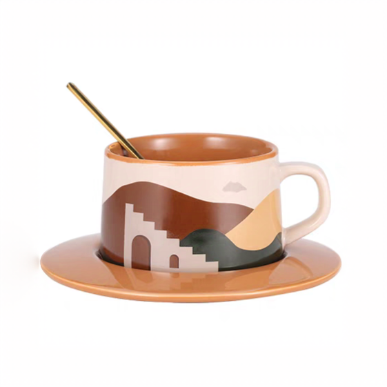 Coffee cup and plate with oasis-inspired design, crafted from heat-resistant ceramic for coffee, tea, or daily beverages.