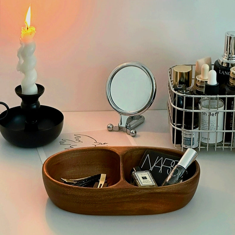 Displaying delicate jewelry pieces on vanity, illustrating the tray’s decorative use and sophisticated walnut finish.