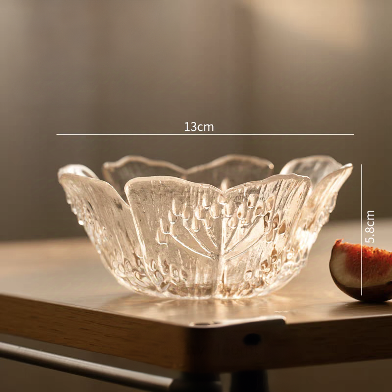 4.5-inch flat-bottomed glass bowl with a floral pattern, blending modern aesthetics with functional design.