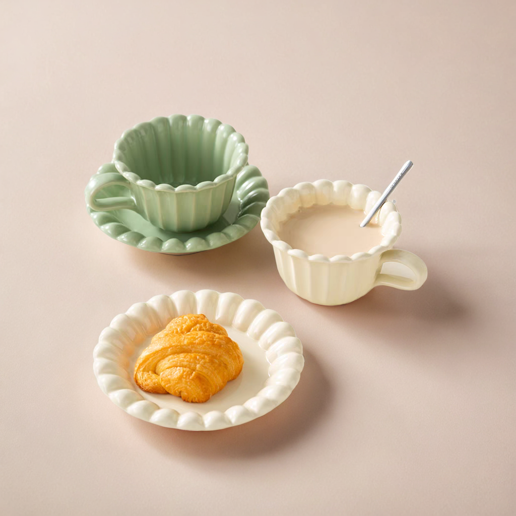 Floral Morandi Colour ceramic cup and plate set in cream white and light green, minimalist style for coffee and tea.