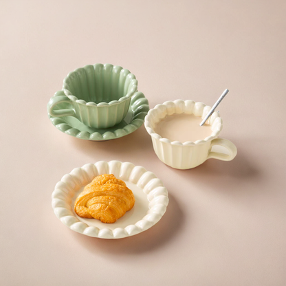 Floral Morandi Colour ceramic cup and plate set in cream white and light green, minimalist style for coffee and tea.