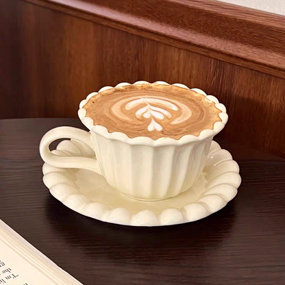 Floral Morandi Colour ceramic cup and plate set in cream white and light green, minimalist style for coffee and tea.