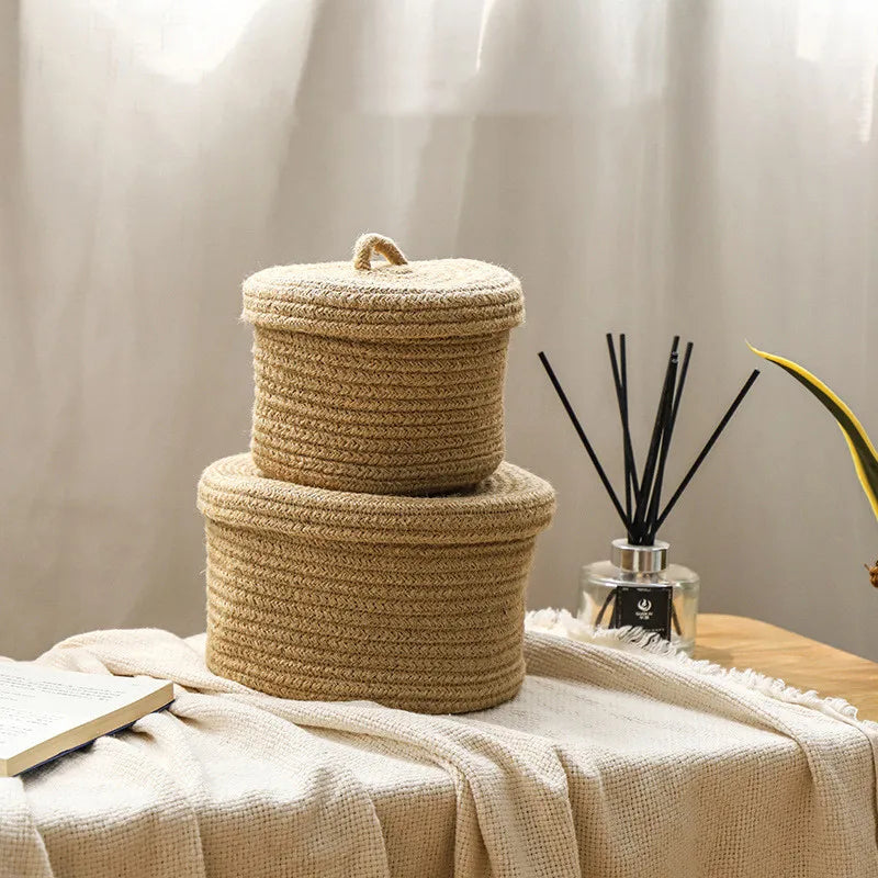 Round Jute Wicker Storage Basket with Lid