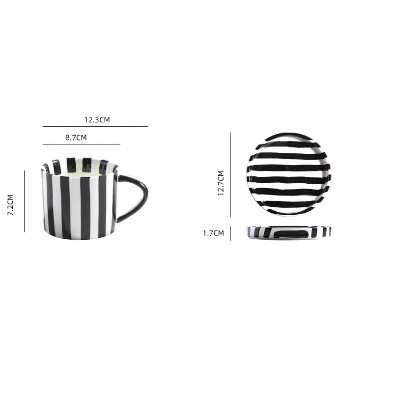 A cup and a small plate featuring minimalist stripes, perfect for modern, and Nordic styles.