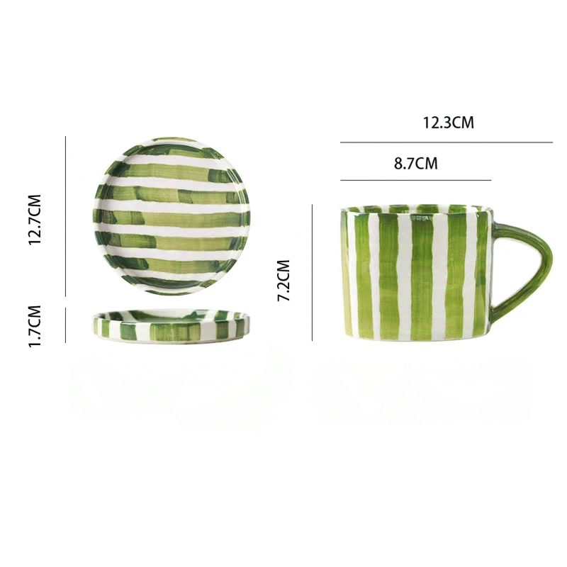 Small ceramic plate and cup set with vibrant green grass stripes, offering a minimalist Nordic style, ideal for serving cakes, pastries, and desserts.