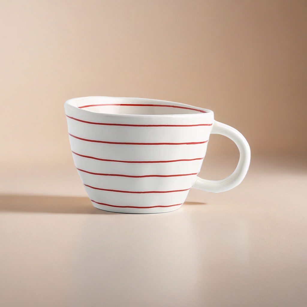 Hand-painted ceramic cup with red lines, perfect for coffee, tea, and iced or hot beverages. Blending minimalist and Scandinavian aesthetics.