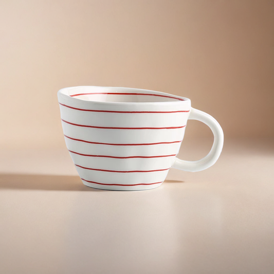 Hand-painted ceramic cup with red lines, perfect for coffee, tea, and iced or hot beverages. Blending minimalist and Scandinavian aesthetics.