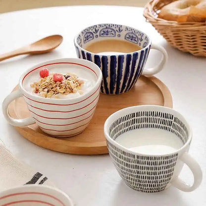 Red, blue, and black designs on durable ceramic mugs for everyday use. Ideal for minimalist, Scandinaiva and neutral interiors.