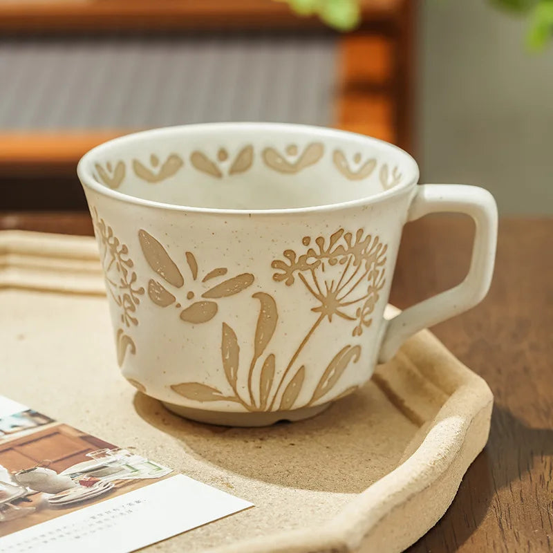 Detailed view of a ceramic mug featuring a retro butterfly design, perfect for coffee, tea, or as part of a Scandinavia table setting.